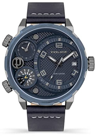 Police Ray PEWJB2195340-Herren-Multifunktionsuhr mit blauem Zifferblatt und blauem Lederarmband, 51 mm Edelstahlgehäuse in Markenuhrenbox, Schwarz, Einheitsgröße, Armband