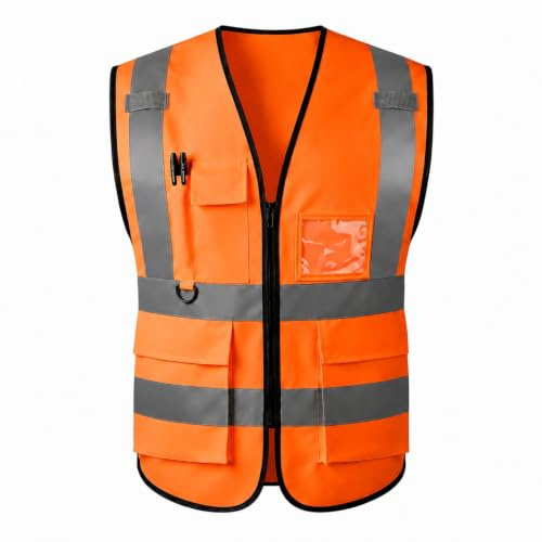 GKOB Hi Vis Vest Waistcoat with 5 Pockets & Zipper - EN ISO 20471 Reflective Safety Gilet for Men Women - High Visibility Workwear for Cycling, Security, Construction