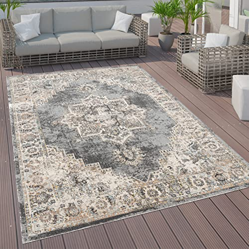 Paco Home Outdoor Teppich Wetterfest Wohnzimmer Balkon Küche Schlafzimmer Marokkanisch Muster Ornamente Mandala Grau Beige, Grösse:120x170 cm