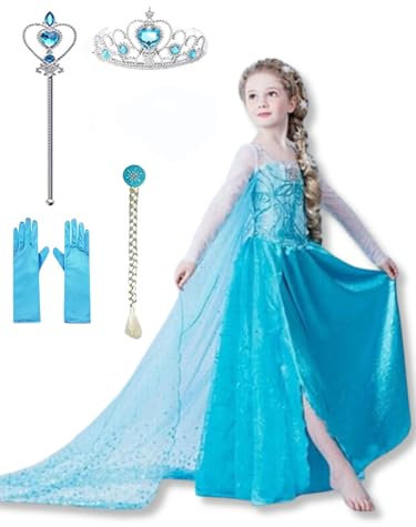 Yigoo ELSA Eiskönigin Prinzessin Kostüm Kleid Mädchen Kinder mit elsa kostüm Geschenke Accessoires- Perücke,Zauberstab,Krone,Kopfschmuck 160