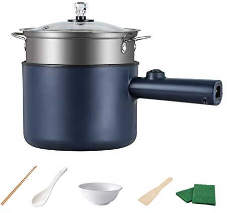 Electric Hot Pot, 1,8L Mini Non-Stick Electric Pan, Portable Mini Electric Skillet with Lid, Spatula and Multi Cooker, Multifunction Cooking Pot with Steamer for Travel/Dorm (Blue with Steamer)