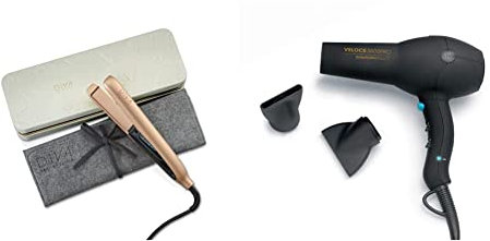 Diva Pro Styling Precious Metals Touch Straightener Rose Gold with Macadamia Argan Oil and Keratin Infused Ceramic Plates, PRO201 & Veloce 3800 Pro Dryer, Black - 2200W Professional Hairdryer EDT105