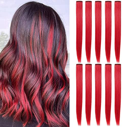 LSKJMO 10 Pcs 20 inch Red Wig Pieces Colorful Party Highlights Clip in Coloured Hair Extensions Red Straight Synthetic Hairpieces for Women Girls