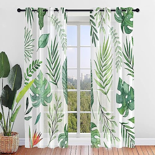 Hiseng Voile Vorhänge mit Ösen Durchsichtig Halbtransparent Ösenvorhang für Fenster Wohnzimmer Schlafzimmer Nordisch Blätter Pflanze Moderne Transparent Gardine 2er Set (140x244cm,Weiss)