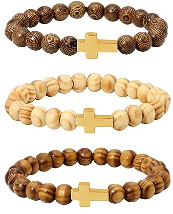 Manfnee 3Pcs Armband mit Kreuz 8mm natürlichen Holzperlen Männer Frauen Armband Phantasie Kruzifix Gebet Gelassenheit Elastisch