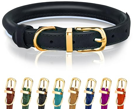 Hundehalsband aus gerolltem Leder - Leder Welpenhalsbänder für kleine Hunde Katzen - Runde Hundehalsbänder für mittelgroße Hunde - Weich Gepolstert (25-33cm, Schwarz)