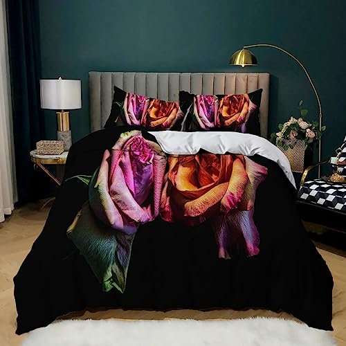 Bettwäsche 135X200 Schwarze Rose Bettbezug Set,Bettbezüge-Sets 3 Teilig Mikrofaser Bettbezug Mit Reißverschluss Und 2 Kissenbezug 80X80Cm, Jugendliche,Bettwäsche-Sets Modern