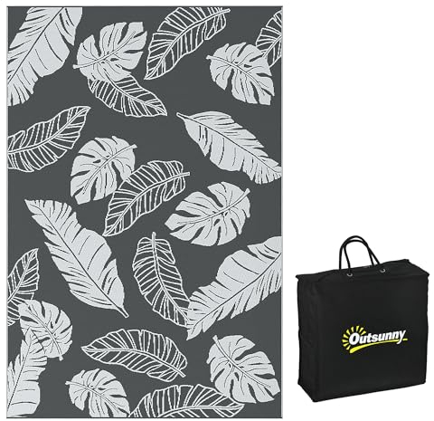 Outsunny Outdoor-Teppich, Campingteppich mit Doppelseitigem Design, Wetterfester Kunststoffteppich für Balkon, Terrasse, Grau+Weiß, 182 x 274 cm