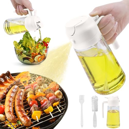 PUWOWYE Pulverizador Aceite Spray 470ml, 2 y 1 Spray Aceite Cocina Vidrio, Pulverizador Aceite Multifuncional para Cocina, Parrilla, Ensaladas, Pincel Cocina y Cepillo Para Botellas, Blanco