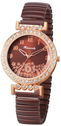 JewelryWe Damenuhr Elastisch Diamant Uhr: Glitzer Zirkonia Sterne Analog Quarz Armbanduhr Damen Braun Edelstahl Stretch-Armband Lässige Uhr mit Zugarmband & leicht ablesbarem Digitalskala