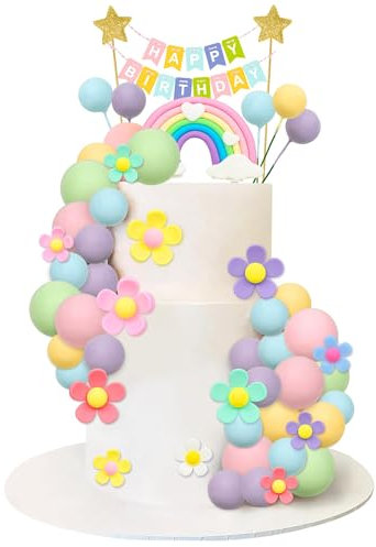 39 Stück Regenbogen Tortendeko Kugeln Und Gänseblümchen,Boho Tortendeko,tortendeko kugeln,DIY Kuchendeckel,Alles Gute zum Geburtstag-Kuchenaufsatz,für Hochzeiten, Jubiläum,Geburtstage, Babypartys