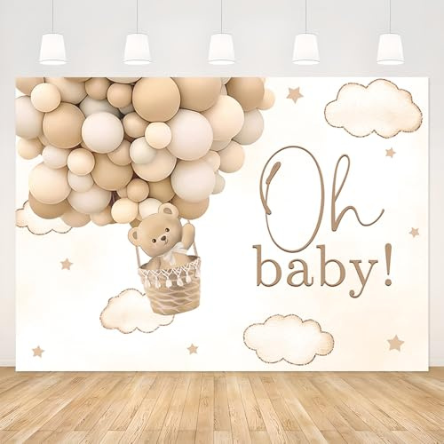 APROPHIC Oh Baby Bär Hintergrund für Geburtstagsfeier Dekoration Babyparty Goldenes Sternbanner Luftballons Weiße Wolken Bär Fotografie Hintergrund Fotografie Requisiten 210 * 150cm