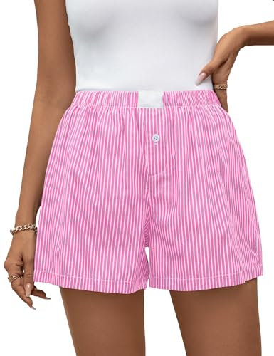 Rapbin Short de pyjama 2025 pour femme - Doux - En coton - Pour femme, Rayures roses, M