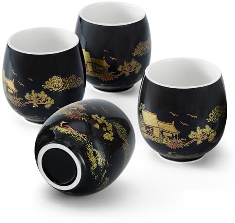 DUJUST Traditional Japanese Tea Cups Set of 4, Black Porcelain Chinese Tea Cups, Beautiful Asian Tea Cup Gift for Adults, Tea Lover/Women/Men (Countryside in Golden)