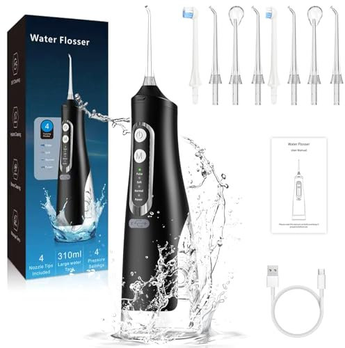 Tacilin Idropulsore Dentale, Irrigatore Orale Portatile con 8 Ugelli di Ricambio, 4 Modalità e 310ml, USB Ricaricabile, IPX7 Impermeabile, Water Flosser Irrigatore Dentale per Viaggio, Casa, Ufficio