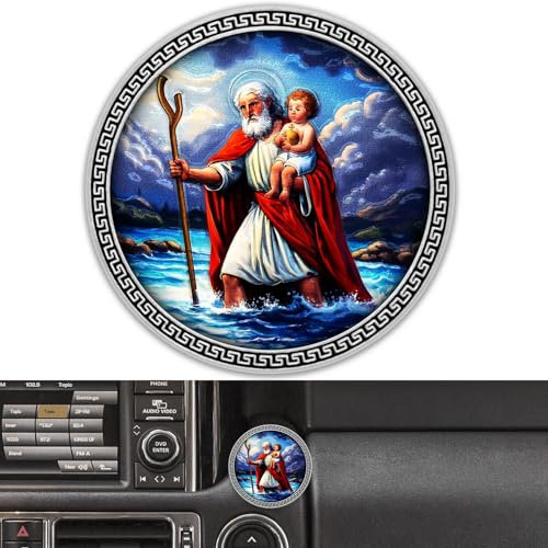 Anwlki Heilig Christophorus Auto Plaketten Ø 4cm Heiliger Christophorus Medaille Beschutze Uns Komm Gut Heim Geschenk mit Magnet und 1 Eisenstück, 3 Doppelseitig Klebende Aufkleber (Bunt Altes Silber)