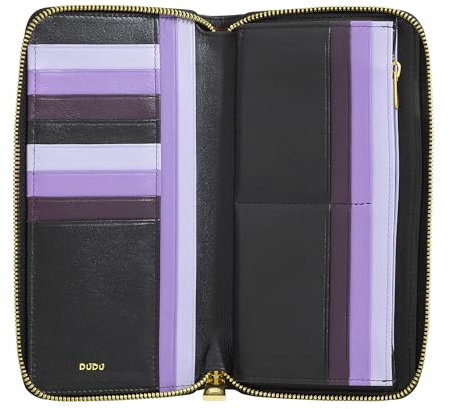 DUDU Damen Portemonnaie Gross RFID mit Reissverschluss Nappa Leder Zip Around 14 Kreditkarten-Fächer und Münzfach Black_Lavender