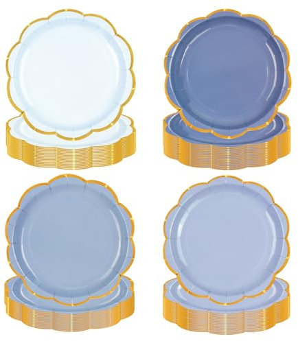 EVYIENEN 48pcs Dusty Blue Party Plates,7inch Disposable Gold Foil Gradient Color Scalloped Dessert Paper Plate for Party Bridal Baby Girl Shower Graduation Wedding Supplies
