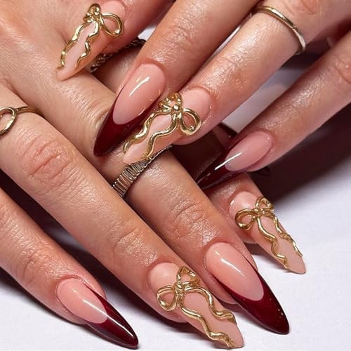 Long Press on Nails Almond, 24Pcs Red French Tip False Nails, Pink Fake Nail with 3D Gold Bow Design, Removable Acrylic Full Cover Stick on Nails with Glue for Women Girls Nail Art Manicure