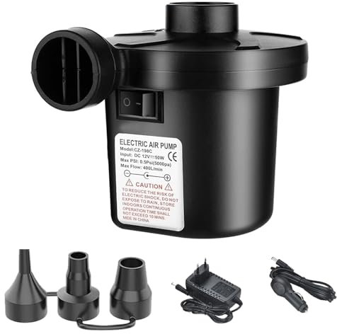 Inflador Electrico con 3 Boquillas y 2 Enchufes, Bomba Aire Eléctrica Portátil 240V AC / 12V DC para Casa y Coche,Hinchador para Piscinas,Colchones Hinchable,Camping, Barcos,Colchon Inflable,Juguetes