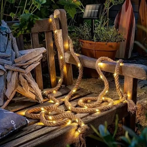 LQQDREX Guirlande lumineuse en corde de chanvre naturel, super lumineuse, guirlande lumineuse solaire d'extérieur étanche, convient pour tonnelles, colonnes, arbres, clôtures