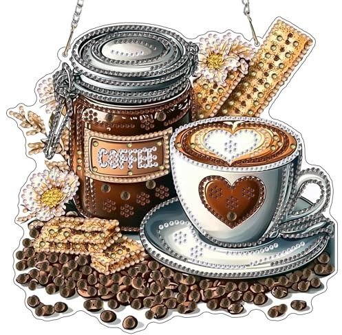 MXJSUA Kaffee Diamond Painting Anhänger mit Kette Erwachsene, Diamant Painting Fensterbilder Hängende Ornament Bastelset Set für Wand Und Eingang Decor 20x20CM