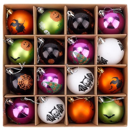 16pcs Halloween Ornaments Tree Decoration, Witch Spider Web Pumpkin Skulls Ghost Decorative Hanging Balls for Small Trees Decorations Mini Halloween Hanging Ball Party Ornaments for Home Decor