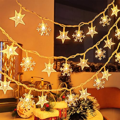 ENLACE Weihnachts Lichterkette, 3M 20 LED Sternen und Schneeflocken Lichterkette Batteriebetrieben, Warmweiß Weihnachtsdeko Lichterketten für Weihnachten, Hochzeit, Innen