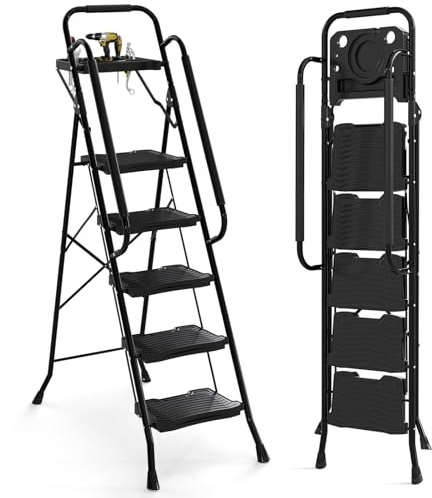 GYMAX Escabeau 5 Marches avec Plateau Porte-Outils, Poignées Supérieures et Latérales pour Sécurité, Échelle Pliable, Grandes Marches Antidérapantes, pour Peindre, Nettoyage et Atteindre des Objets