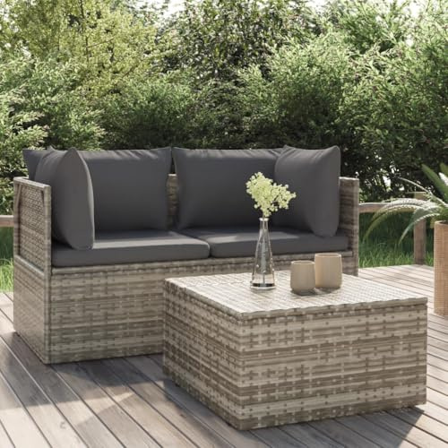 QJBSAVVA 3tlg Gartensofa Set Grau Poly Rattan Eckbank mit Stauraum & Kissen 57x57 cm Outdoor Sofa für Garten Balkon Terrasse Modernes Sitzecke klein
