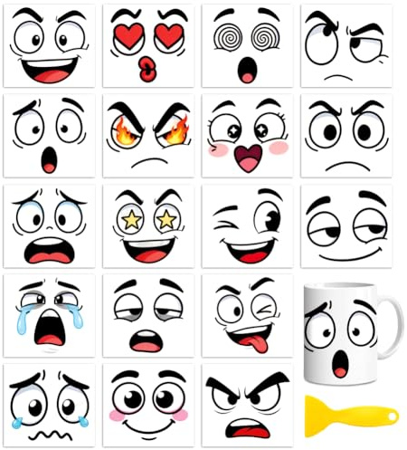 Peacoblue Funny Faces Rub On Transfers for Craft, Transfer Sticker | 18 Sheets UV DTF Transfers, Waterproof Rub On Decals for Wood, Glass, Furniture, Tumblers & Home Decor Crafts