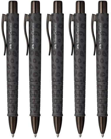 Faber-Castell 205286 - Kugelschreiber Poly Ball Leo Urban Jungle schwarz, 5 Stück, mit auswechselbarer XB Mine, dokumentenecht