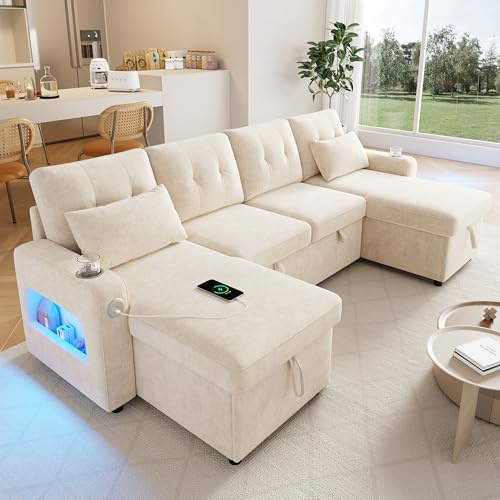 Merax Sofa Ecksofa mit Schlaffunktion und Bettkasten - Ausziehbares Schlafsofa U-Form, Praktisches Schlafcouch mit Stauraum, LED-Beleuchtung, Armlehnen‑Staufächer, USB/Typ-C und Getränkehalter, Beige