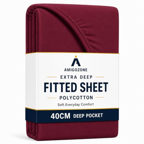 Amigozone Extra Deep 16(40cm) Non Iron Percale Pollycotton Fitted Sheets (Single, Wine)