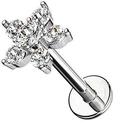 Piercingfaktor Piercing Stab mit Kristall Blume Lippe Ohr Labret Tragus Helix Knorpel Stecker Lippenpiercing Ohrpiercing 6mm Silber Clear