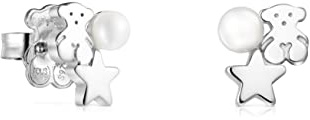 TOUS Pendientes de Plata de Primera Ley para Mujer con Motivo de 0.4 cm y Perla, con Cierre de Presión, Fino y Elegante, Colección Nocturne