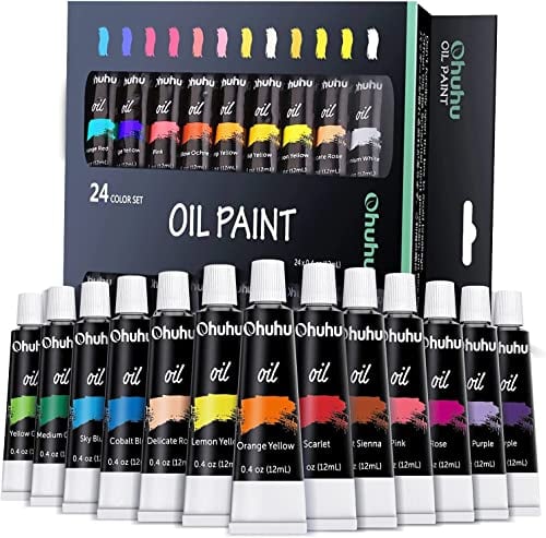 Juego de pinturas al óleo Ohuhu, 24 tubos de 12 ml × 24 colores a base de aceite. Pinturas al óleo aptas para papel, lienzo, madera, cerámica, tela y manualidades.