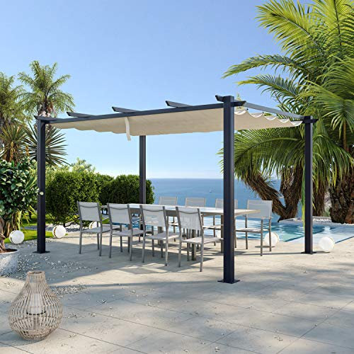 Avril Paris Tonnelle/Pergola Aluminium 3x4m Toile coulissante rétractable - Gris/Ecru-Ohio XL