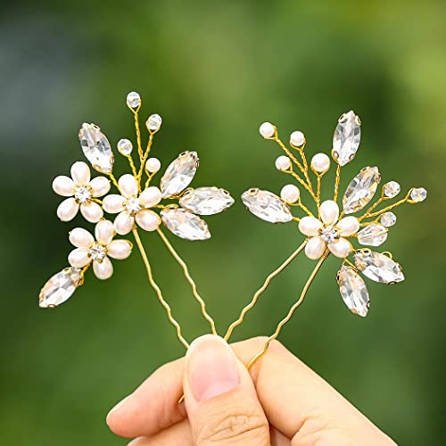 IYOU Brautschmuck Hochzeit Haarnadeln Silber Kristall Kopfschmuck Perle Haarspange funkelnde Strass Haarteile Blume Braut Haarschmuck für Frauen und Mädchen (2 Stück) (Gold)