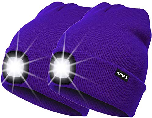 ATNKE 2Pcs Neue Warme LED beleuchtete Mütze,Unisex USB wiederaufladbare Laufmütze Ultra Bright 4 LED wasserdichte Lichtlampe Mehrfarbig/Purple