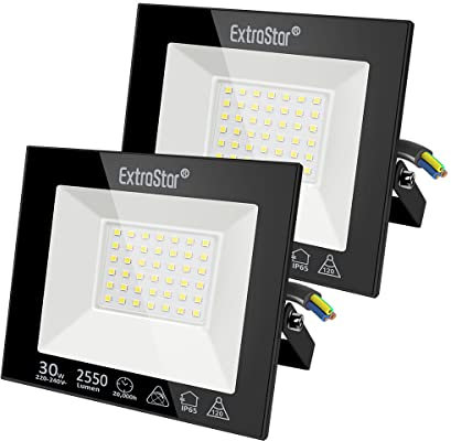 EXTRASTAR Projecteurs LED Extérieur 30W, IP65 Etanche, 2400LM, Spot LED Extérieur, 6500K Blanc Froid, Eclairage de Sécurité, pour Jardin Terrasse Garage Patio Grange Cour, Lot de 2