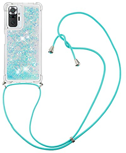 Handykette Handyhülle für Xiaomi Redmi Note 10 Pro, CaseLover Glitzer Flüssig Bewegende Treibsand Transparent Silikon Case mit Kordel zum Umhängen Necklace Hülle für Redmi Note 10 Pro Max, Silber Blau