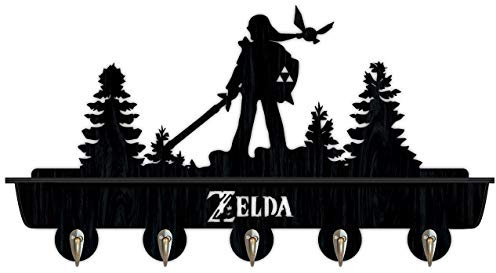 Game Zelda Porte-manteau mural en bois avec étagère de rangement supérieure, 5 crochets en métal durable, colle 3M à l'arrière