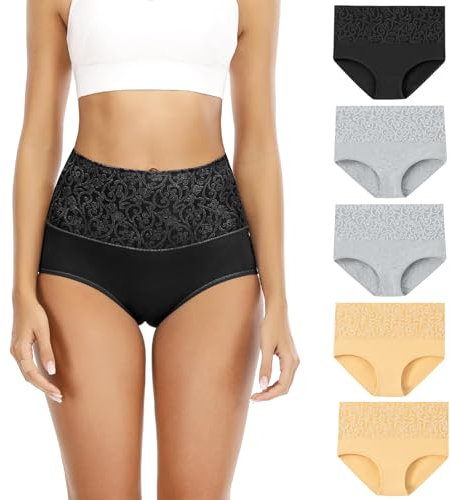 Senllori Damen-Unterwäsche, hohe Taille, Baumwolle, Bauchkontrolle, weiche volle Abdeckung 5 Pack Mehrfarbig Größe L