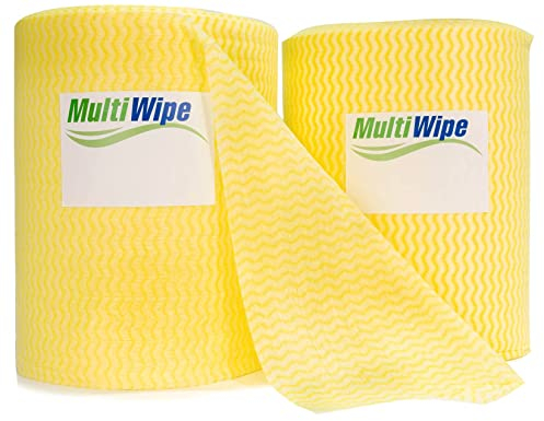 MultiWipe 1 x 450 Yellow J Cloth Style Cleaning Cloths On A Roll | Made With 30% Wood Pulp | 24cm x 28cm Perforated Cloths | £0.059p per cloth