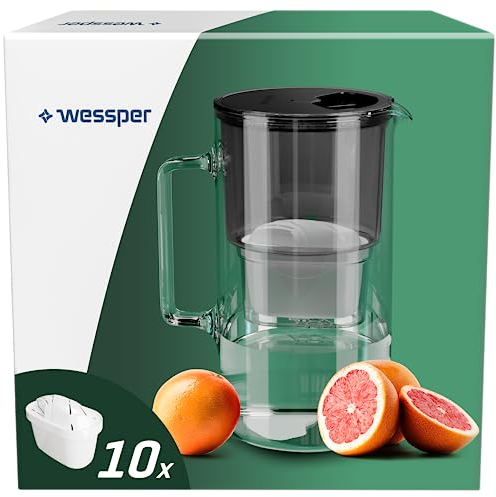 Wessper Wasserfilter Kanne Glas 2,5L, Set Wasserkanne und 10 Filterkartuschen, Kompatibel mit Brita Maxtra, Wasserkaraffe für Trinkwasser mit Ersatz Filter - Schwarz