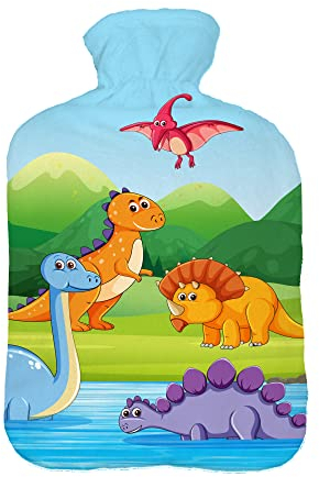 Wärmflasche mit Pullover Bezug 2 Liter Bettflasche mit schönen Fleece-Druck Bezug Gummi Wärmflasche mit Deckel Weiß 5 Dino beim Wasser [092]