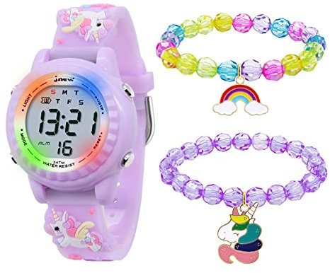 HMJIA 3D Cartoon Design Armbanduhr für Kinder Jungen und Mädchen 3ATM Wasserdicht Kinderuhr mit Wecker/Datum/Stoppuhr/LED (LED Lavendel Einhorn)