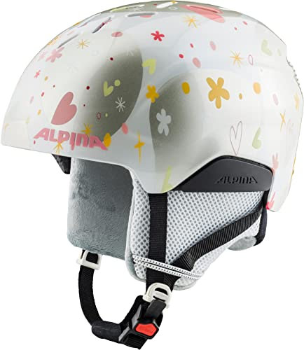Alpina PIZI - Sicherer, Bruchfester & Individuell Anpassbarer Skihelm Mit Abnehmbaren Ohrenpolstern Für Kinder, pearlwhite-Hearts Gloss, 46-51 cm