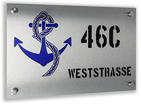 Jung-Edelstahl-Design V2a Edelstahl Hausnummer - Hausnummernschild mit farbigem Motiv z.B. Anker, Leuchtturm, Hundepfote oder Herzlich Willkommen. Schild 20x30 cm inclusive Gravur. (Anker)